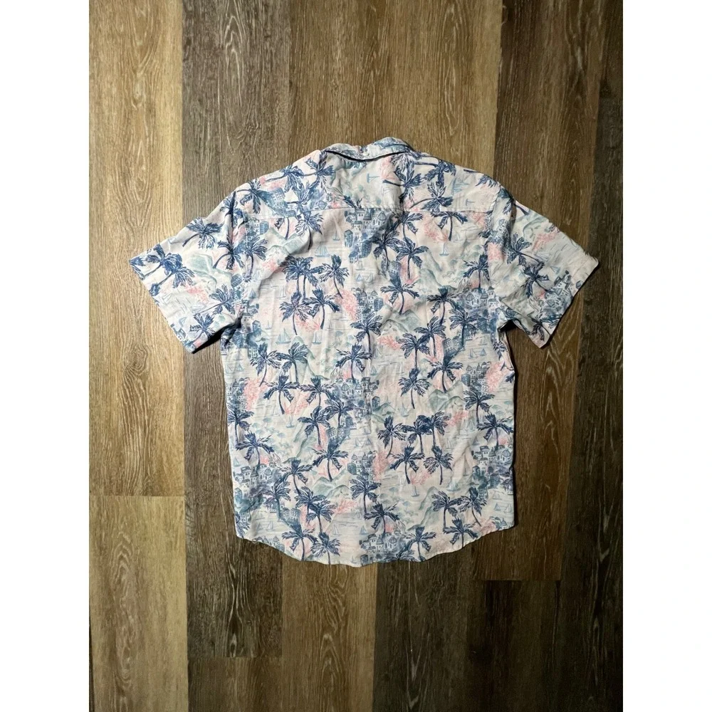 Vintage Summer Button Up Shirt Mens Size Medium White Blue Tropical Palm Tree